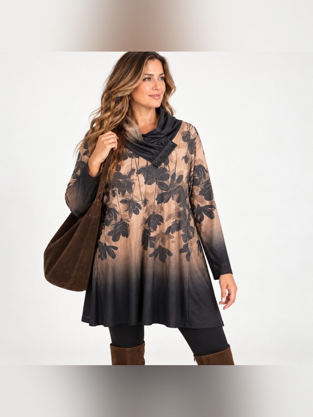 Azalea by Firmiana 2X Floral Ombre Cowl Neck Tunic